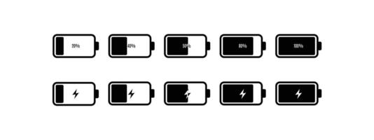 Battery icon set. low to full battery level status indicator with charging symbol for mobile app vector