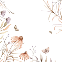 Square Frame with pastel color autumn fantasy botanical and butterflys. Watercolor hand painting illustration on isolated background. Banner of flowers with herbs and dried branches. png