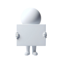 White 3D Character Holding Blank Sign Empty Board Paper Isolated Transparent Background png