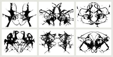 Ink blot for psychiatric evaluations. Rorschach test, black silhouette shapes. Set of grunge abstract black spots, droplets, smudges, stains and splashes vector