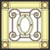 Ceiling panels stained glass window. Abstract flower, swirls and leaves in square frame, geometric ornament, symmetric composition, tiffany technique, classic style vector