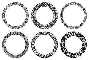 Set of decorative tribal openwork circle frames. Geometric ethnic ornate round border on white background. Mayan style pattern vector