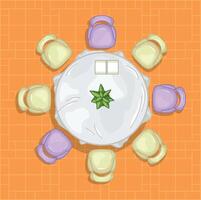 Top view of a round table with a white tablecloth and eight chairs. Kitchen table for the floor plan vector