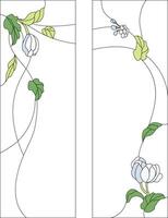 Stained-glass panel in a rectangular frame. Classic window, abstract floral arrangement of buds and leaves in the art nouveau style. Stained-glass window set vector