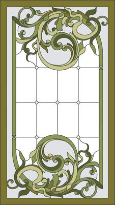 Stained-glass panel in a rectangular frame. Classic window, abstract floral arrangement of buds and leaves in the art Nouveau style