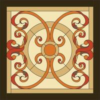 Ceiling panels stained glass window. Abstract flower, swirls and leaves in square frame, geometric ornament, symmetric composition, tiffany technique, classic style vector