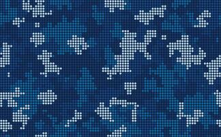 Halftone digital navy camouflage. LED screen pattern in dark blue tones, camo grid, polka dot background. Seamless texture vector