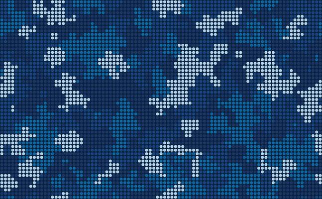 Halftone digital navy camouflage. LED screen pattern in dark blue tones, camo grid, polka dot background. Seamless texture