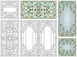 Stained glass set. Abstract geometric floral pattern in a rectangular and square frame. Colorful stained glass window in classic style for ceiling or door panels, Tiffany technique vector