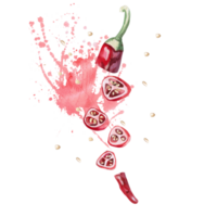 Sliced pepper with seeds and colorful splashes. Isolated watercolor illustration of vegetable for kitchenware design, textile, cookbook, restaurant menu png
