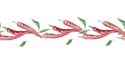 Seamless border with peppers sliced lengthwise. Hand drawn isolated watercolor illustration of vegetables for tableware design, posters, cookbook illustration, tablecloth print png