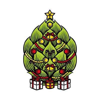 colored illustration of green hops combined with a christmas tree