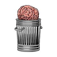 illustration of a brain coming out of a trash can vector