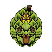 colored illustration of green hops combined with a dwarf's house vector
