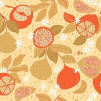 Grapefruit seamless pattern in red and golden colors. Tropical citrus fruits and leaves design for paper, wallpaper, repeat background. botanical print. Cute hand drawn illustration. vector