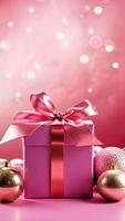 Beautiful pink Christmas background with present, shining decoration and empty space. Bokeh lights. Copy space for your text. Merry Xmas, Happy New Year. Festive vertical backdrop video