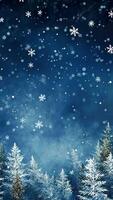 Blue animated Christmas background with fir trees, falling down snowflakes and empty space. Copy space for your text. Merry Xmas, Happy New Year. Festive vertical backdrop video