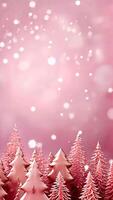 Pink, animated Christmas background with fir trees, falling snow and empty space. Copy space for your text. Merry Xmas, Happy New Year. Festive vertical backdrop. video