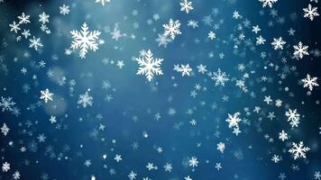 hipnotizante queda de neve animação com delicado branco flocos de neve queda contra profundo azul fundo, criando sereno e festivo inverno atmosfera. sazonal marca, feriado tema video
