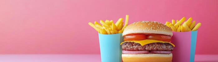 Cute pastel-themed burger and fries set against a minimal backdrop with colorful sauce cups and ample space for copy photo