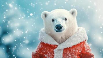 A pastel-colored polar bear wearing a Santa suit, standing in a winter wonderland with space for copy photo