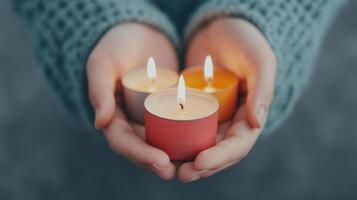Hands arranging bright candles in a pattern, intimate and tradit photo