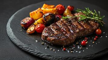 Grilled steak and roasted vegetables presented elegantly on a dark plate, surrounded by minimal garnish, luxurious atmosphere, with space for text photo