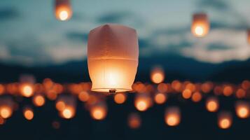 Floating lanterns illuminate the night sky during a festival. photo