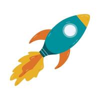 Cute cartoon flying space rocket with fire, windows and wings. Hand drawn cosmic shuttle in the sky. Symbol of business idea, launching new project. Colorful spaceship clipart isolated on background. vector