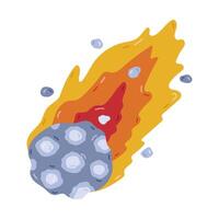 Cute cartoon falling asteroid in flame. Burning comet, meteor, celestial body in childish style. Hand drawn clipart of space meteorite with fire and stones isolated on white background vector