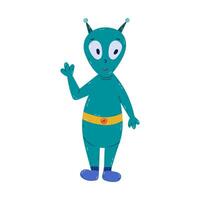 Cute cartoon green alien smiling and waving hello. Friendly extraterrestrial monster with big eyes, in boots and belt. Hand drawn clipart of weird creature in childish style isolated on background. vector