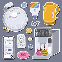 Cartoon set of stickers with Internet of things and network clipart for planners, notebooks. Ready for print list of cute stickers. Smart home devices for remote housework, control. Creative clipart. vector
