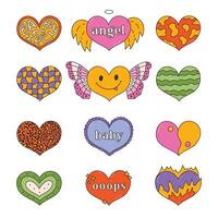 Groovy doodle set with hearts in Y2k aesthetic with lettering, geometry, animal print, butterfly, fire. Retro love symbol from 90s and 00s. Hand drawn outline heart with pattern. Nostalgia for 1990s. vector