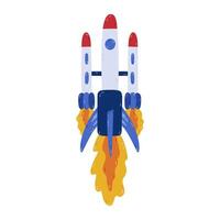 Cute cartoon big space rocket with flame. Hand drawn cosmic shuttle flying in the sky. Sign of astronomy, universe discover, business project. Colorful spaceship clipart isolated on background. vector