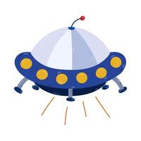 Cute cartoon UFO spaceship with light in simple childish style. Flying saucer of alien, extraterrestrial creature for transportation and discovering cosmos. Astronomy clipart isolated on background. vector