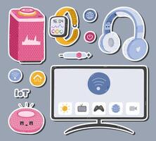 Cute set of stickers with entertainment smart home devices phone for planners, notebooks. Ready for print list of cartoon stickers. Intelligence machine to get multimedia controlling via mobile. vector