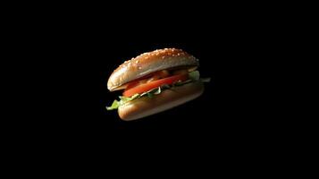 Flying Hamburger Isolated on Black Background photo