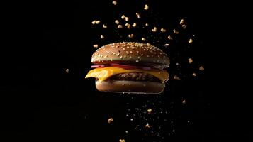 Classic American Cheeseburger Flying Isolated on Black Background photo