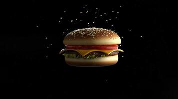 Classic American Cheeseburger Isolated on Black Background photo