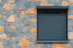 Modern Stone Wall with Closed Window roller Shutter. Architectural Detail and Texture. photo