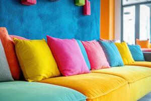 A lively lounge features colorful pillows on a bright couch against a vibrant wall photo