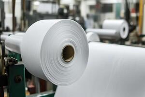 Processing roll of paper on advanced machinery in a modern manufacturing facility photo