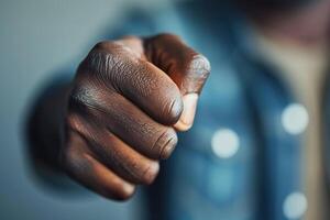 Detailed close up of a person's hand pointing directly forward, emphasizing focus and intent photo