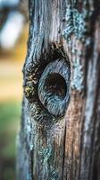 Close up of rustic tree bark with moss and textured surface. photo