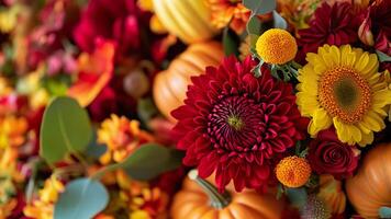 A vibrant floral arrangement showcases autumn flowers and small pumpkins for seasonal decor photo