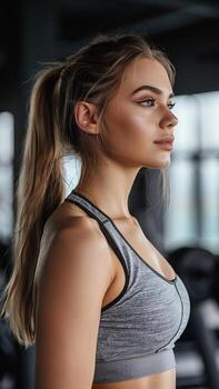 ajuste mujer en gimnasio vistiendo atlético engranaje soportes con confianza mientras frente a oblicuo. foto