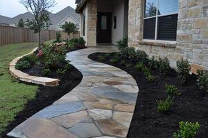closeup photo of installing a stone pathway leading to the front door