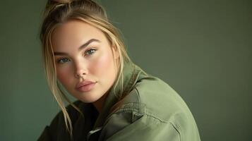 A confident plus sized model poses gracefully against a soft green backdrop in natural light. photo
