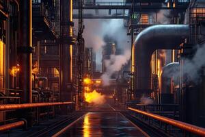 A certification program is in progress in an industrial setting with machinery and piping photo