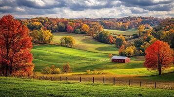 Vibrant trees in autumn colors complement the rolling hills of a tranquil countryside area photo
